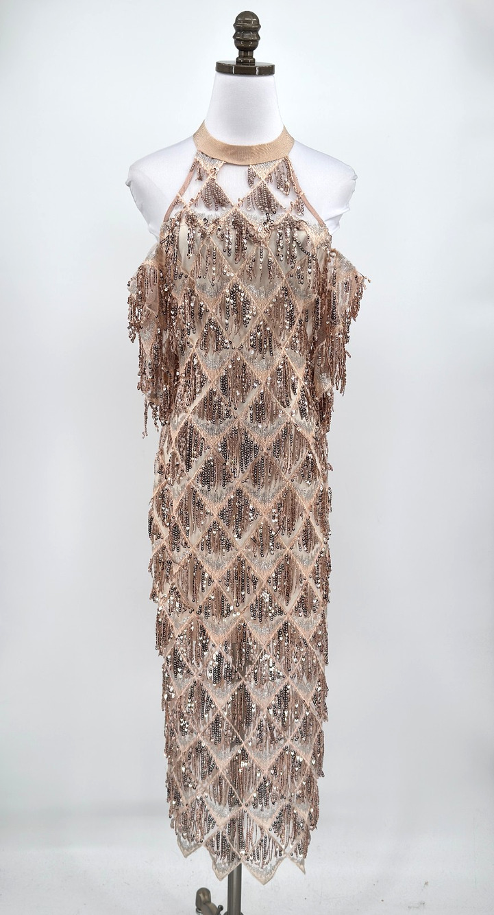 L'Atiste Champagne Pink Halter Cold Shoulder Sequin Fringe Dress Sz S NEW